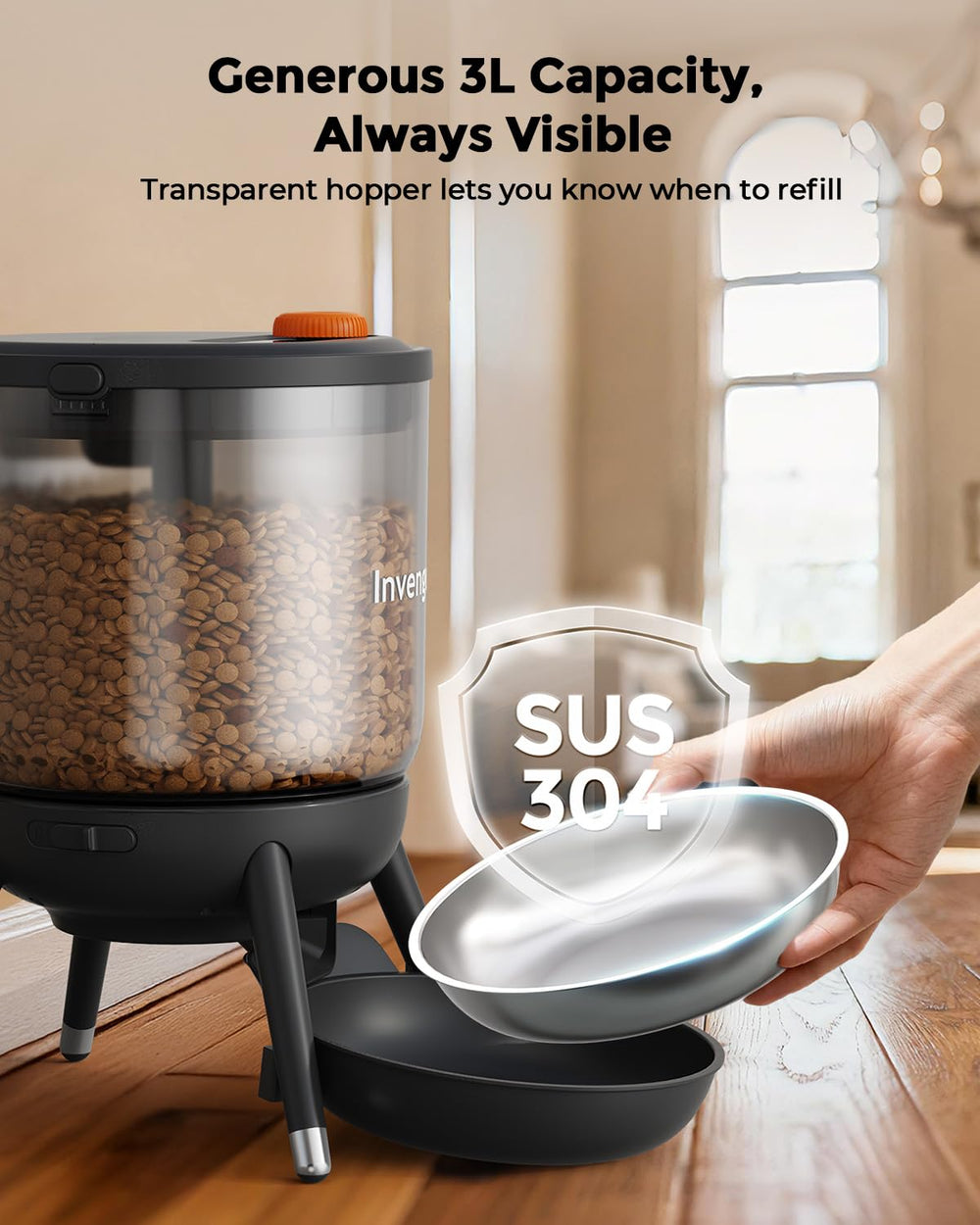 Fully washable bowl, hopper, and base for simple cleaning.