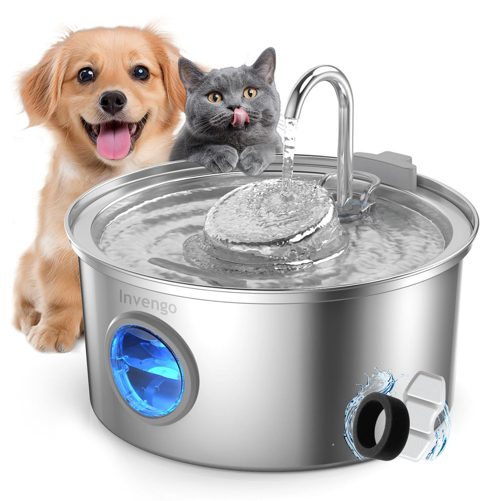 Invengo cat water fountain stainless steel 108oz for reliable hydration in multi-pet homes.