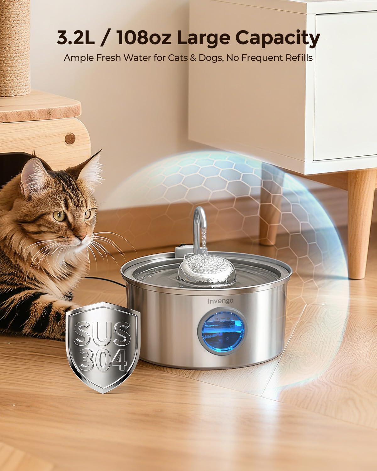 Invengo cat water fountain ultra-quiet pump supports serene homes during pet hydration.