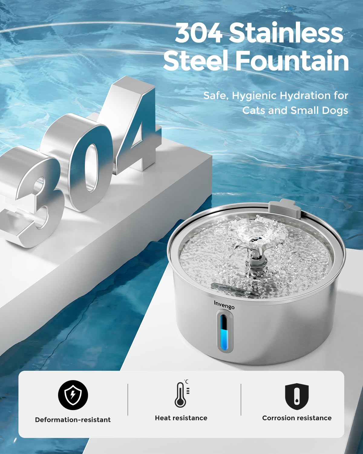 Invengo fountain highlights 108oz capacity for continuous hydration.