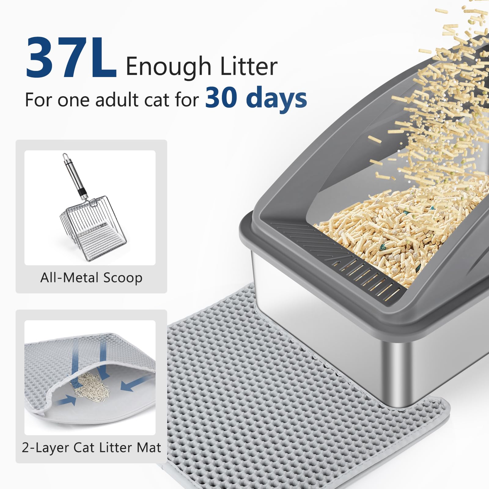 INVENHO litter box includes mat and scoop for tidier maintenance.