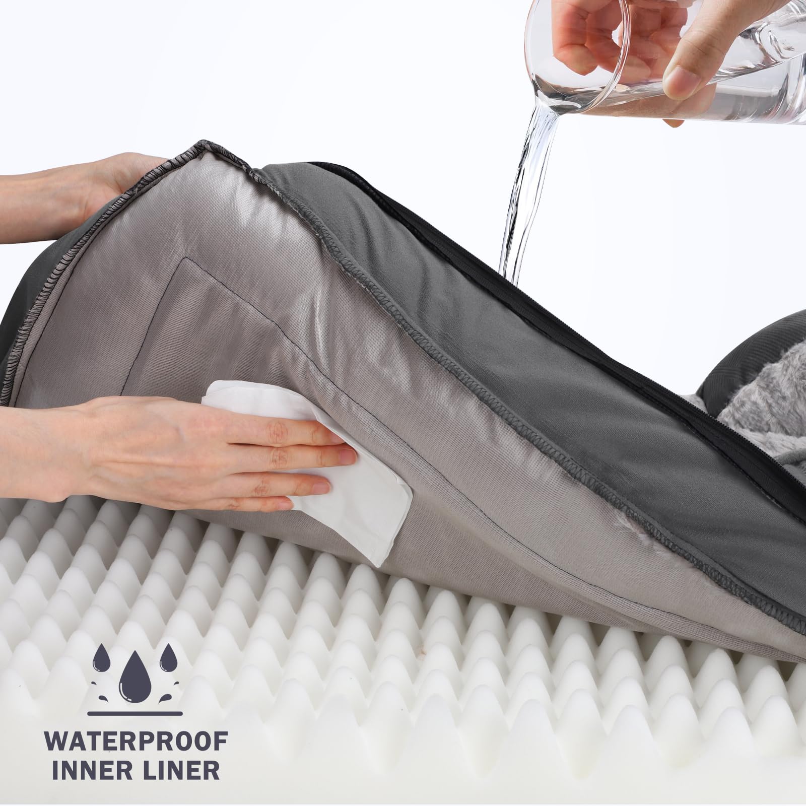 INVENHO bed with waterproof lining protecting foam from spills.