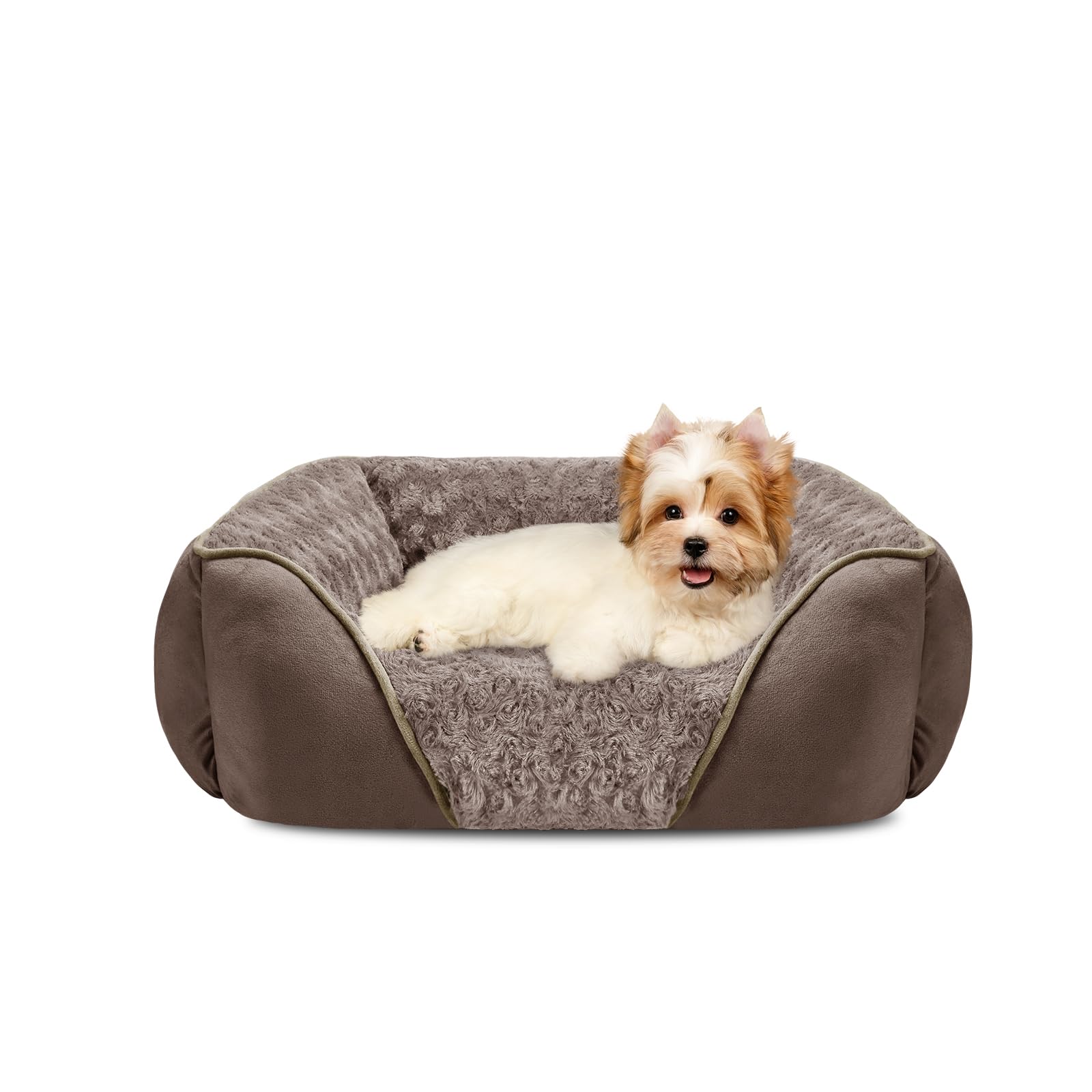 INVENHO small dog bed top view with rose swirl faux fur for cozy warmth.