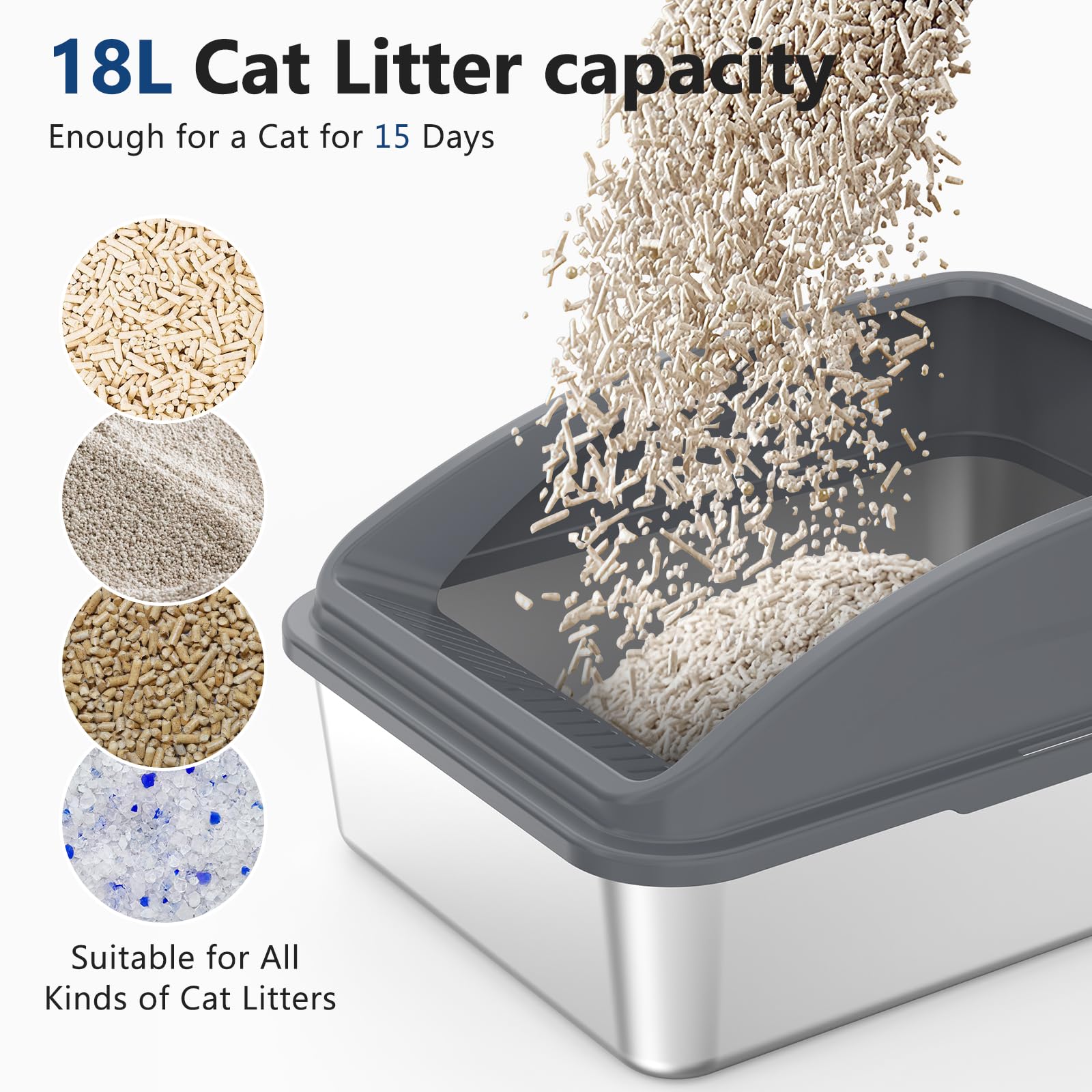 Easy-clean stainless steel litter box with non-stick surface for quick waste removal.
