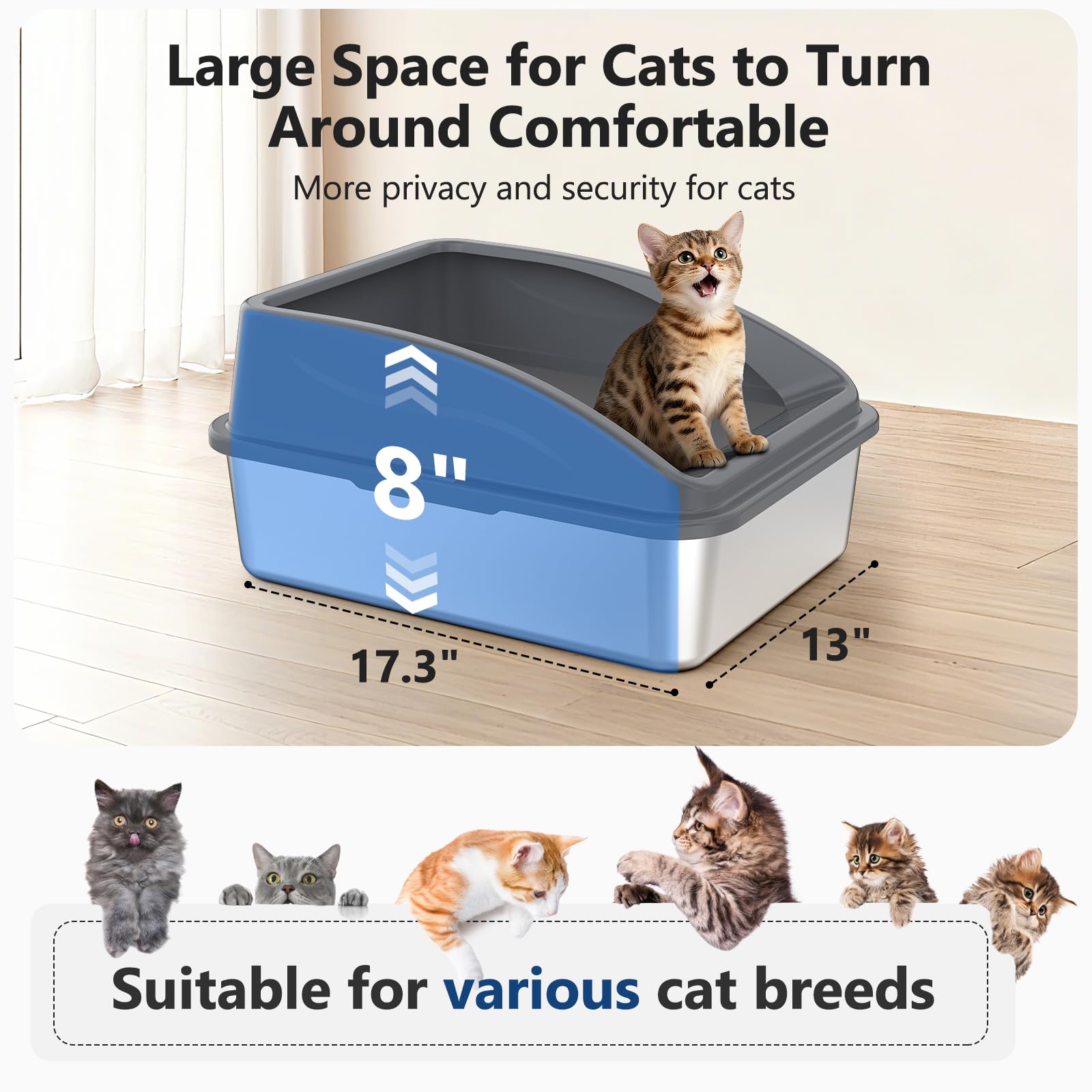 Litter box featuring 30° inclined filter plate to minimize tracking around the room.