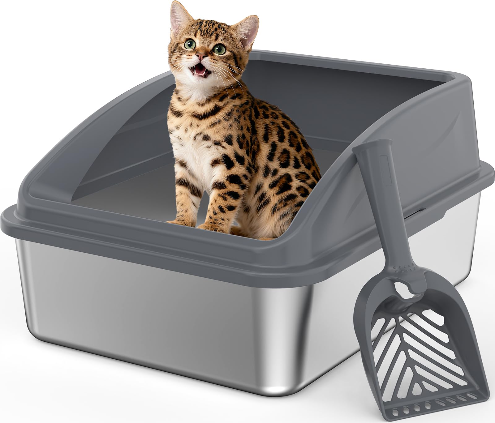 INVENHO stainless steel litter box with top-entry lid and secure buckle design for spill prevention.