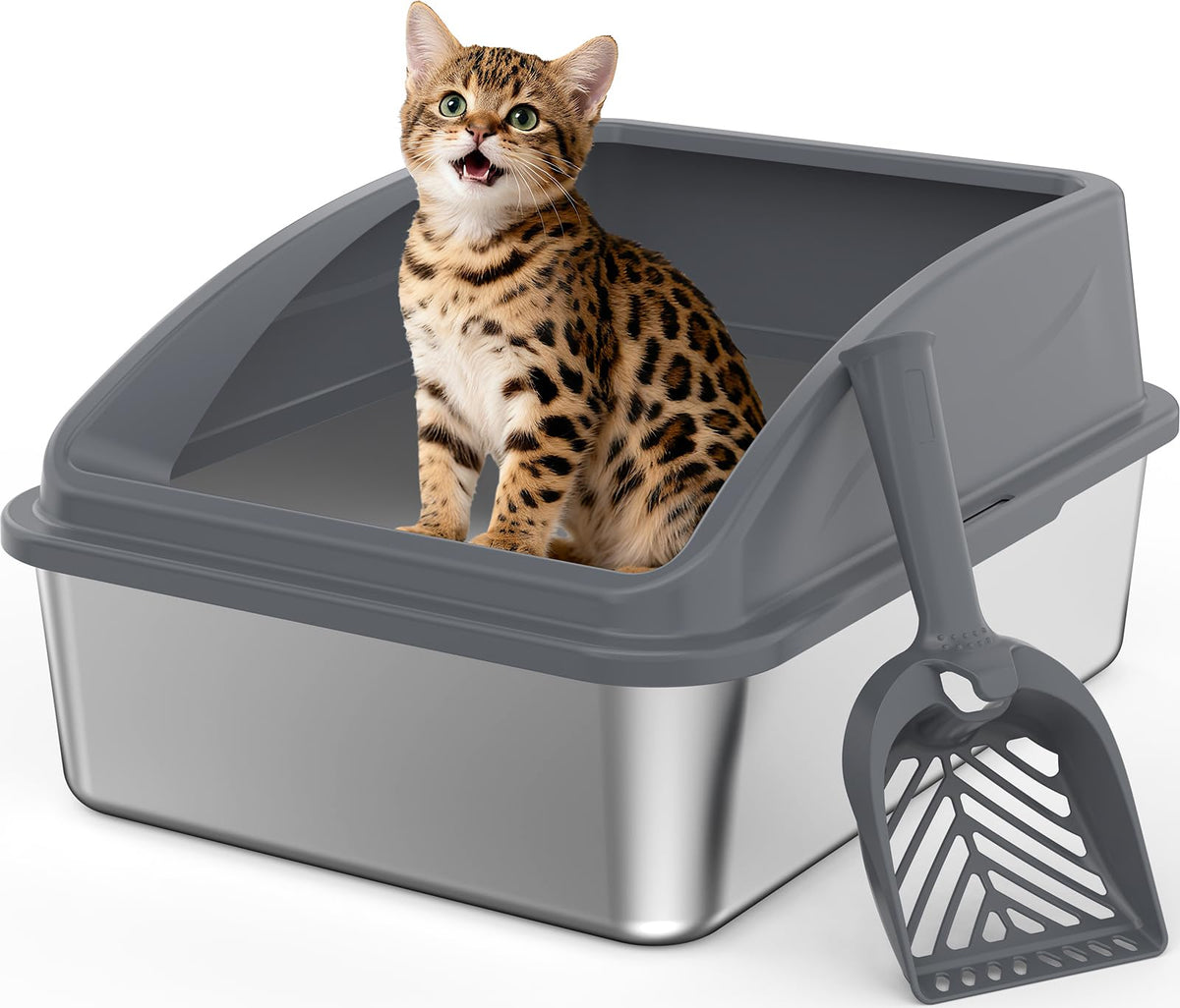 INVENHO stainless steel litter box with top-entry lid and secure buckle design for spill prevention.