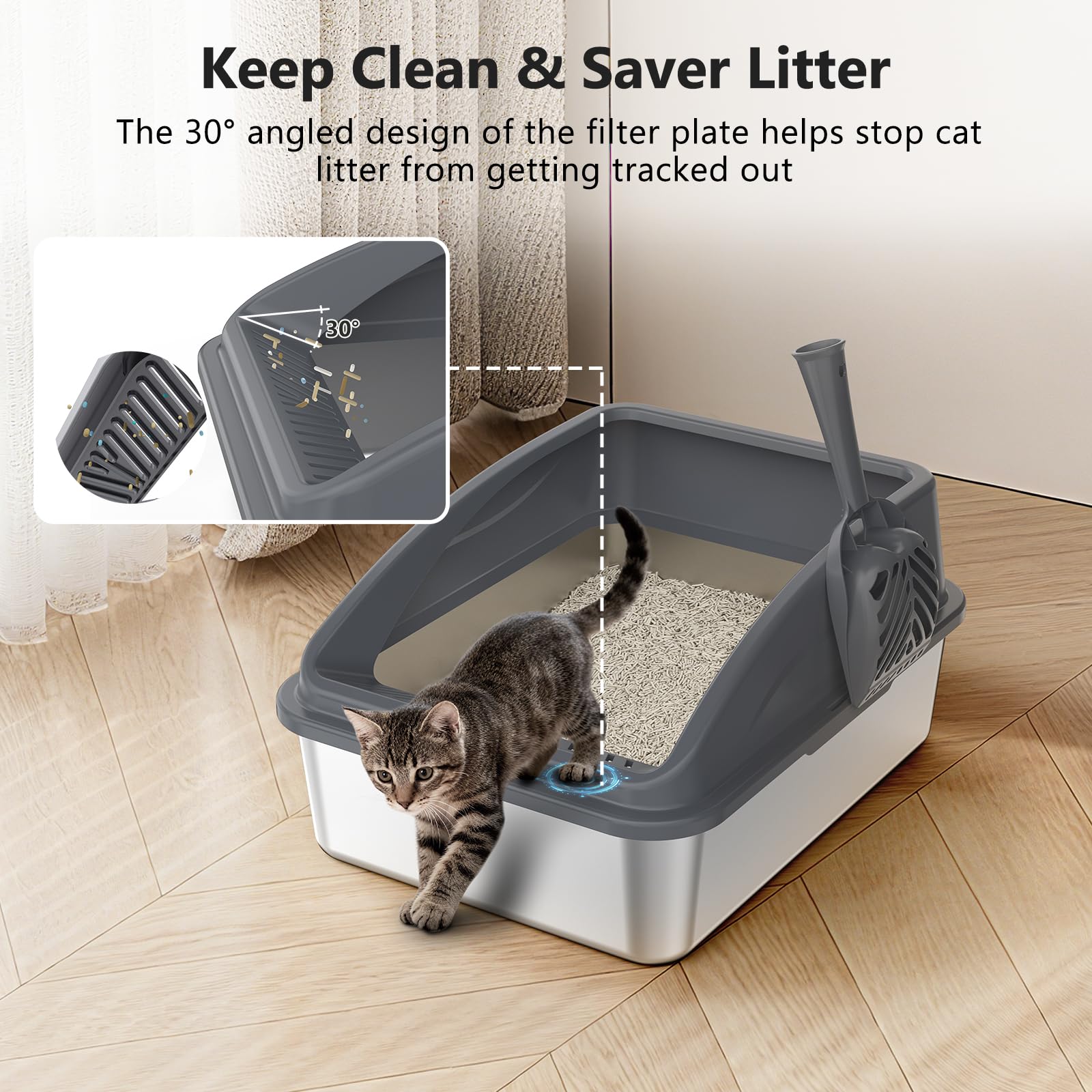INVENHO litter box shows urine-leakproof walls reducing splash during digging.