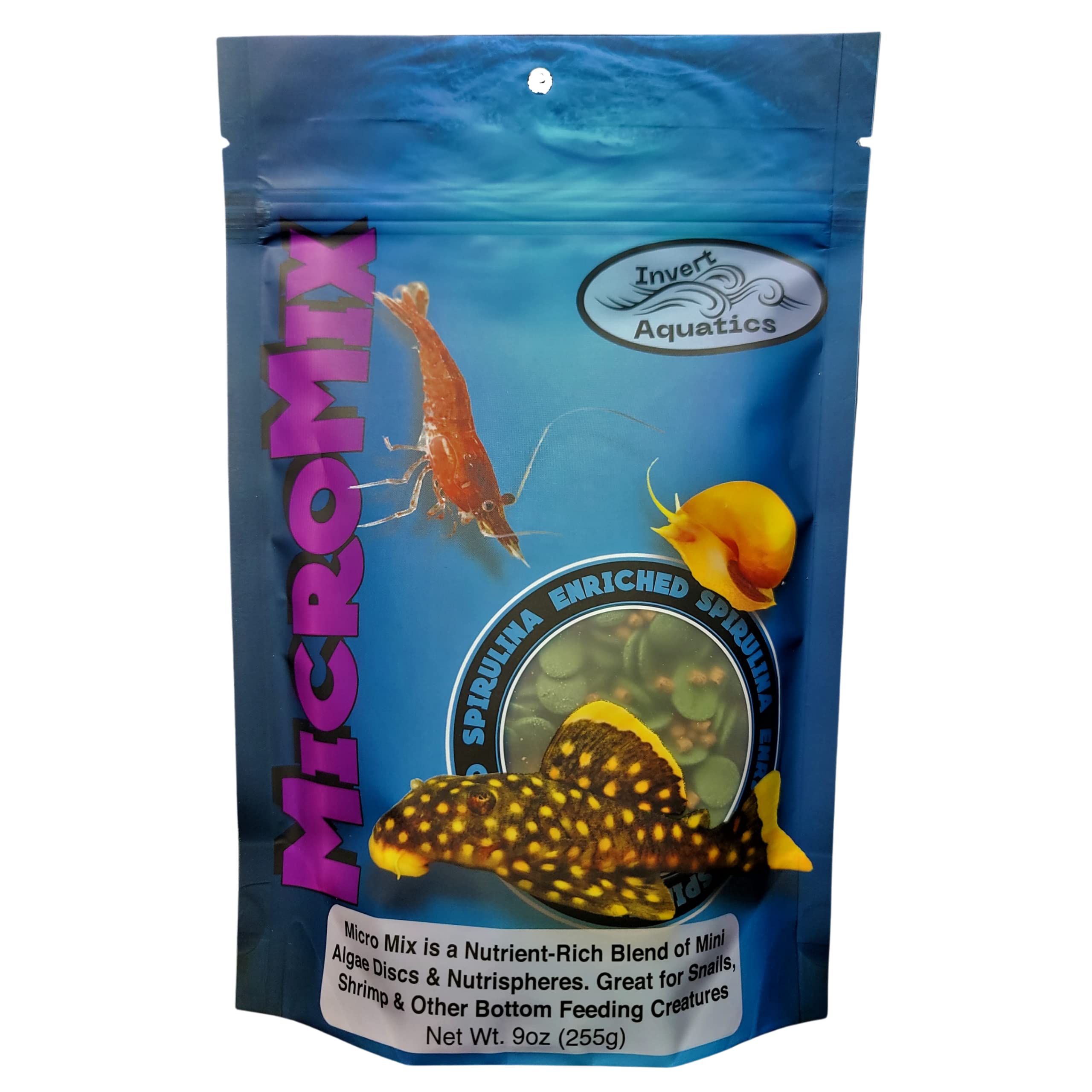 Invert Aquatics Micro Mix spirulina discs support balanced daily nutrition for snails and bottom feeders.