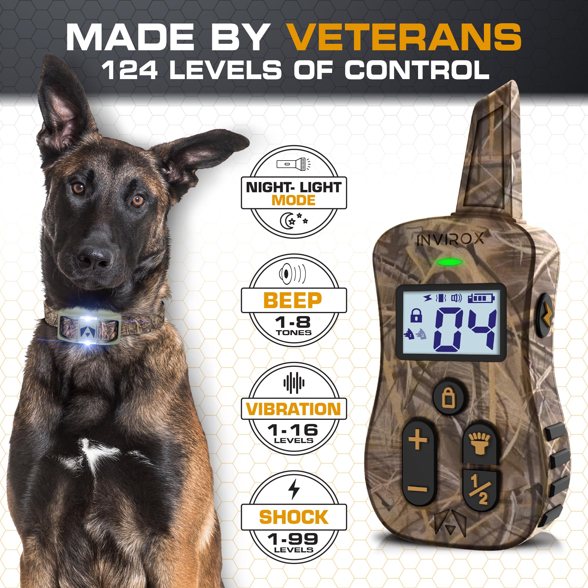 Invirox dog collar night-light mode enhances visibility during training.