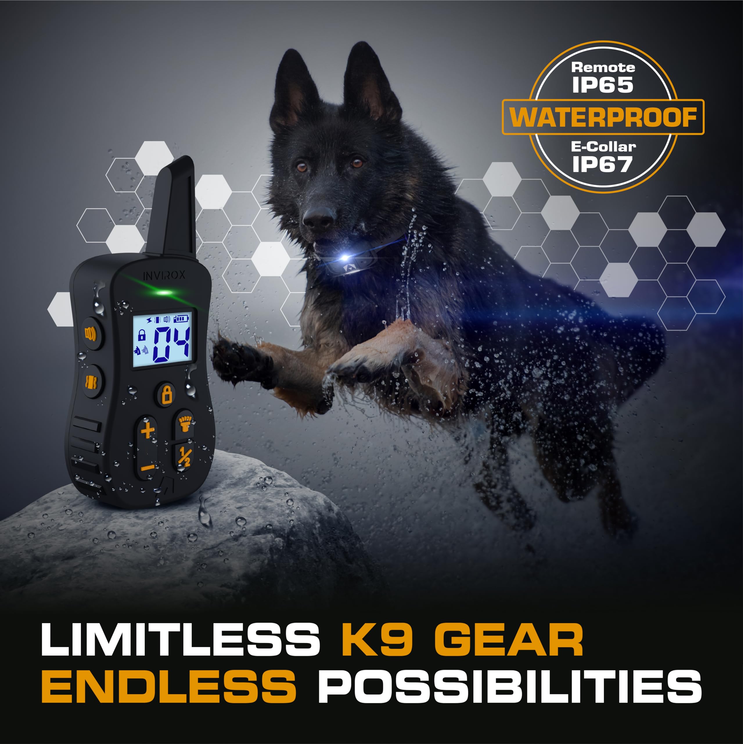 INVIROX Ultra K9 collar IP67 waterproof design for rain and water exposure.