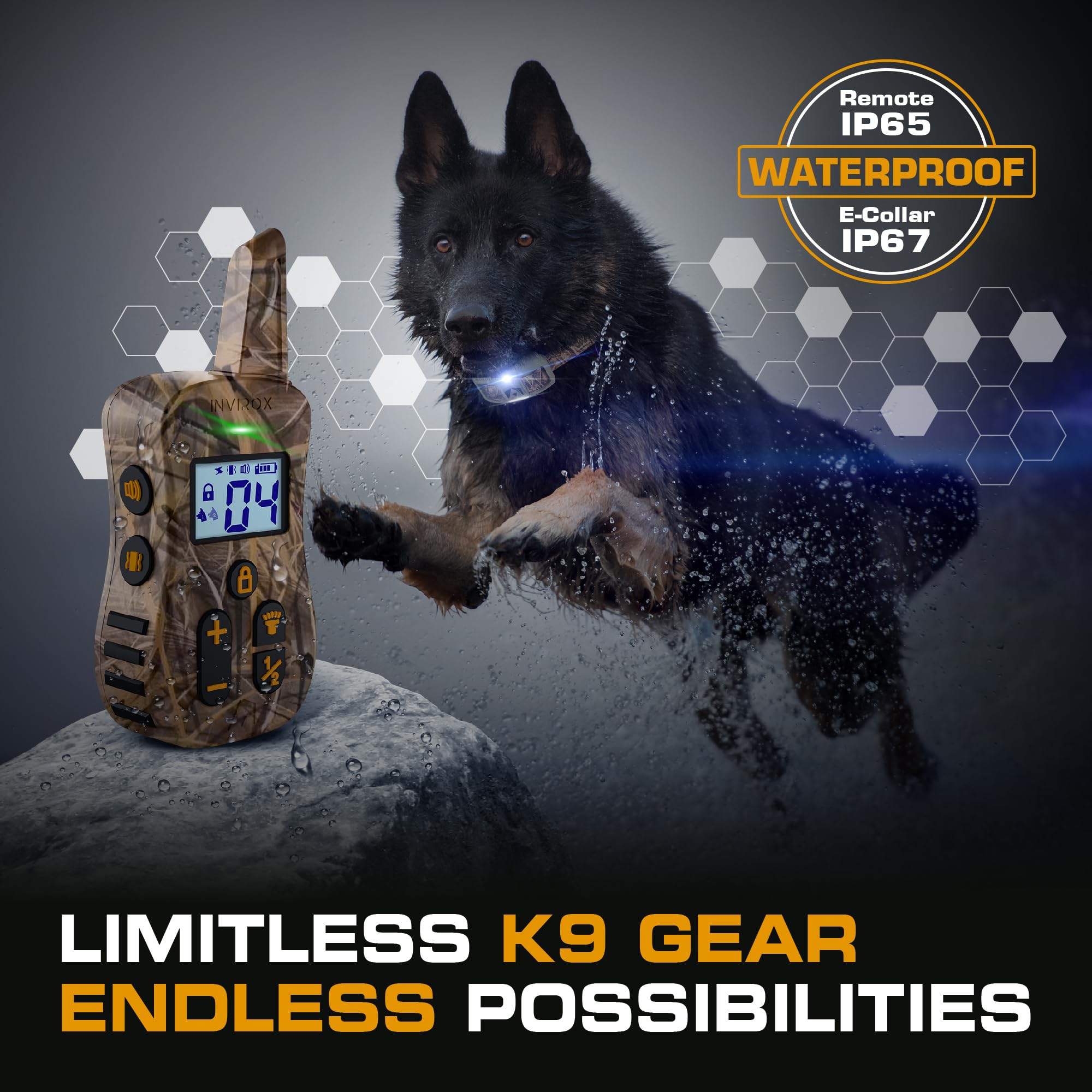 INVIROX Ultra K9 collar IP67 waterproof design for all-weather training.