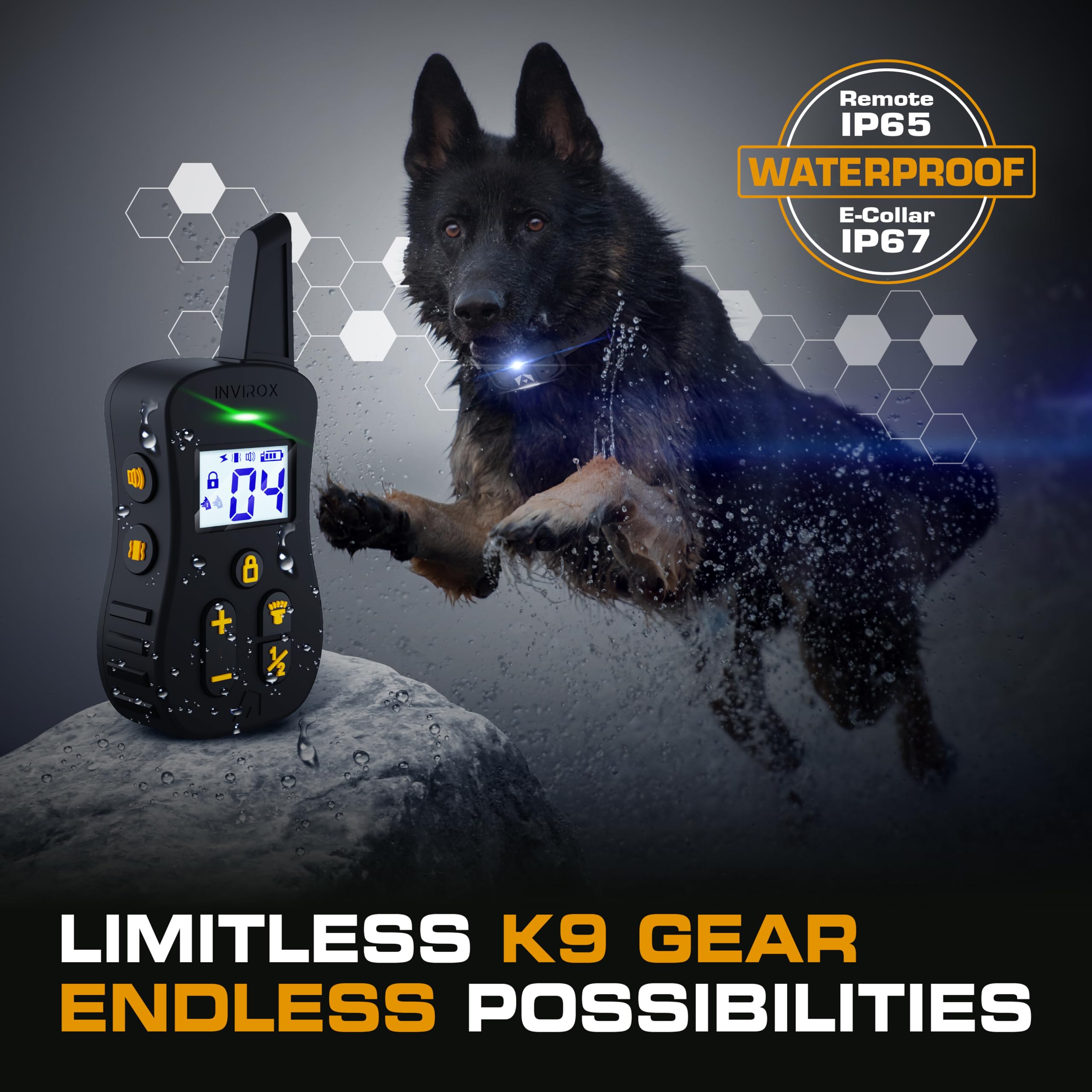 INVIROX Ultra K9 IP67 waterproof design supports outdoor sessions in rain.