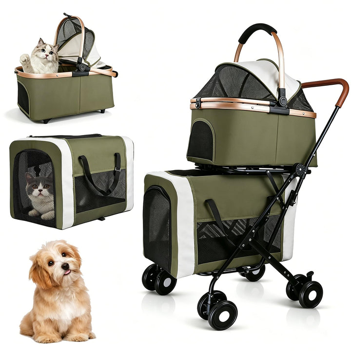 IOBoneed double pet stroller front view with dual carriers for safe two-pet transport