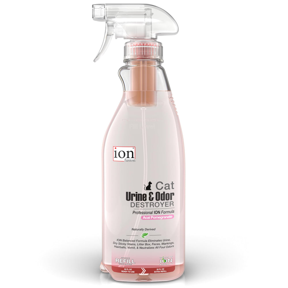 ION Fusion cat urine odor eliminator bottle pour for versatile odor removal on any surface.