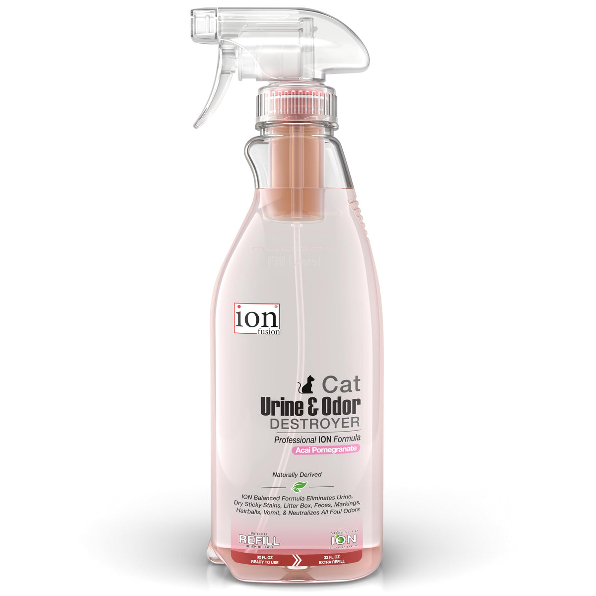 ION Fusion cat urine odor eliminator bottle pour for versatile odor removal on any surface.