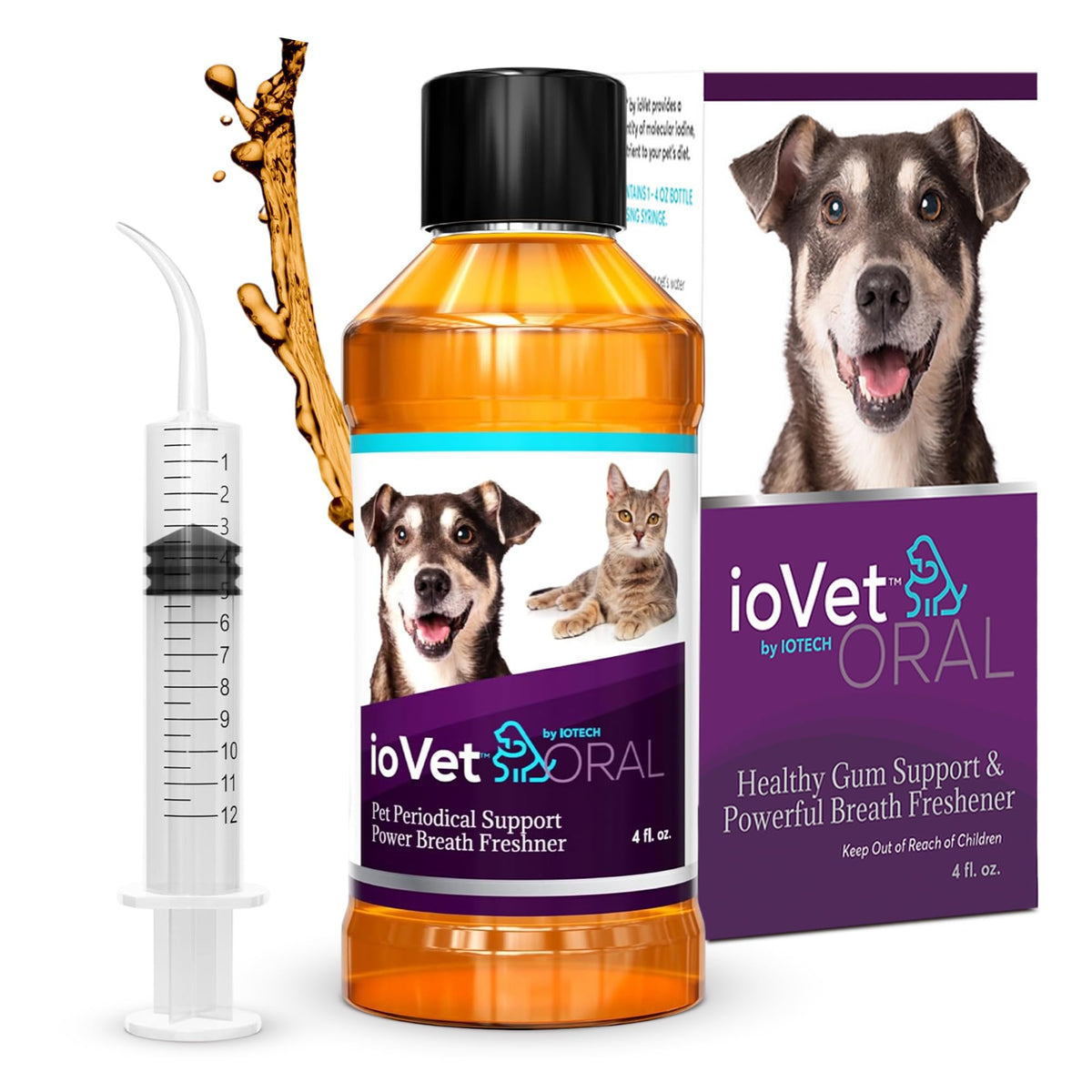 ioVet Oral water additive bottle shown for daily dental care and fresher breath.