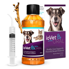 ioVet Oral water additive bottle shown for daily dental care and fresher breath.