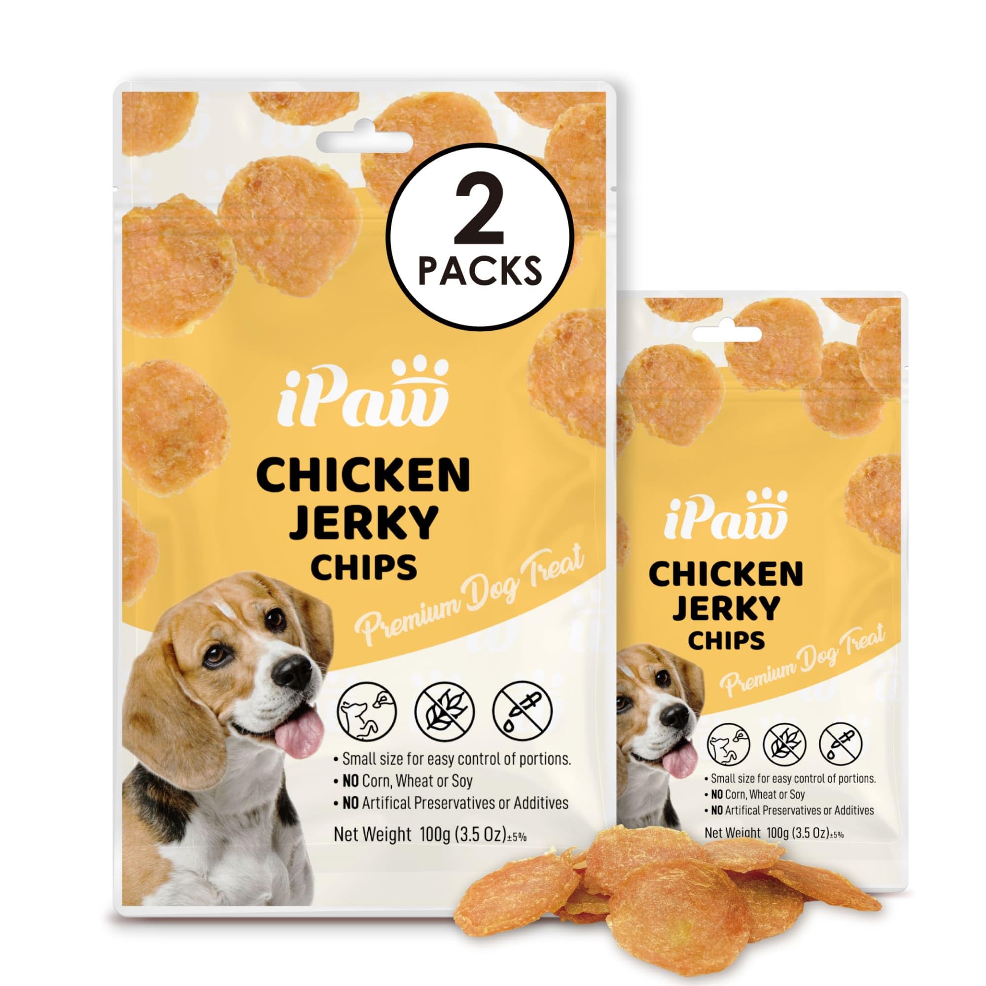 iPaw Chicken Chips box front shows the 2-pack, ideal for training rewards.