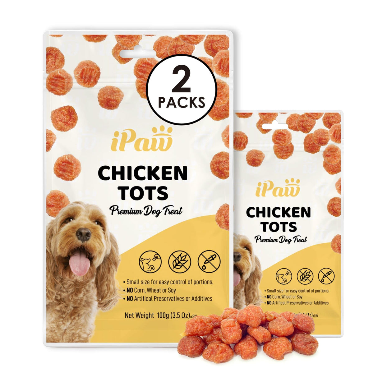 iPaw Chicken Tots bag and ingredients highlight premium protein for training rewards.