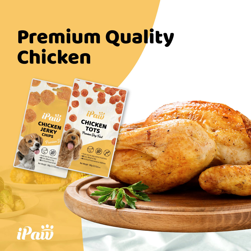 iPaw Chicken Tots bite-sized treats shown, perfect for focused puppy training sessions.