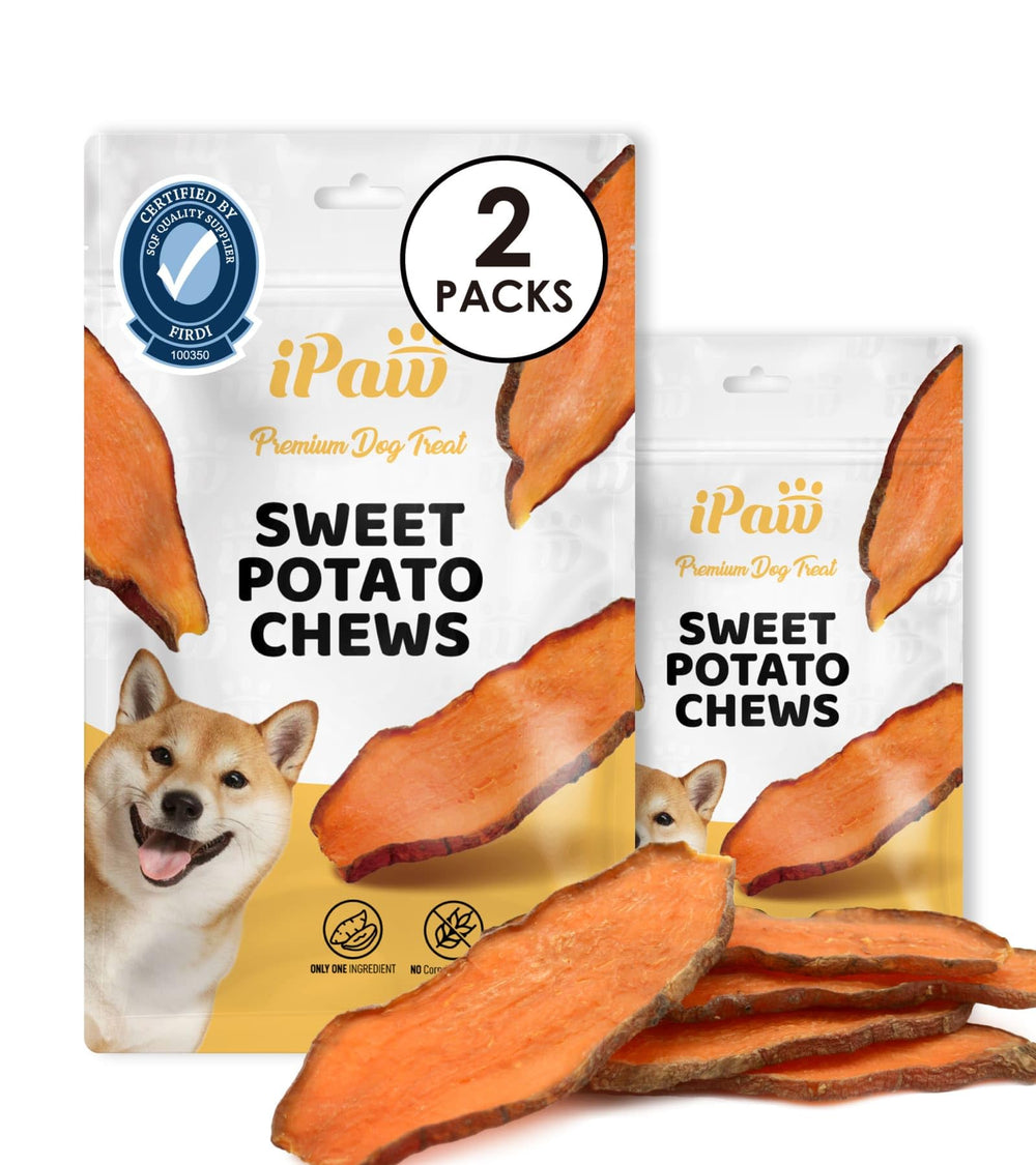 ipaw sweet potato chews packaging shows all-natural ingredients and a hypoallergenic chew option