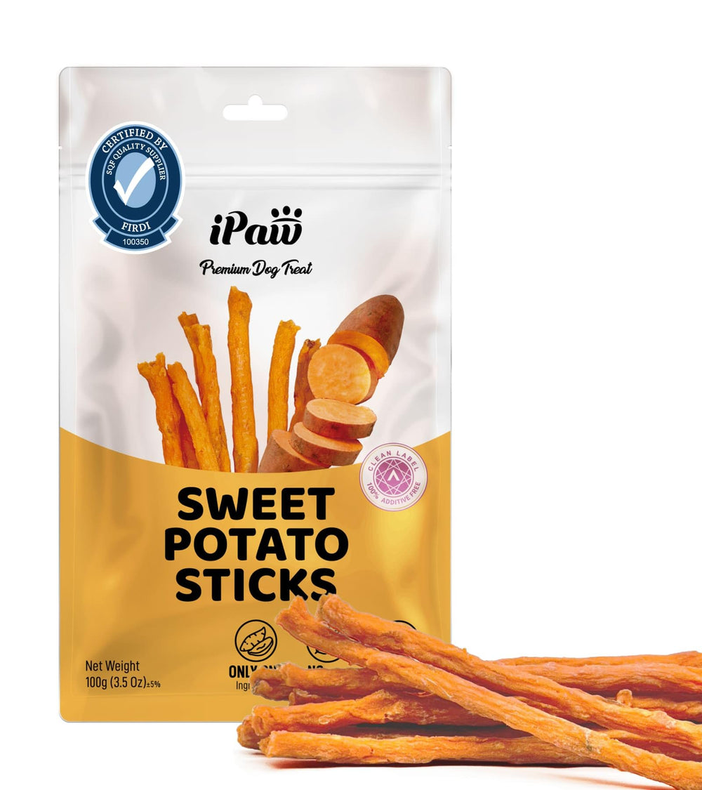 iPaw Sweet Potato Sticks display a firm, chewy texture for satisfying dog chews.