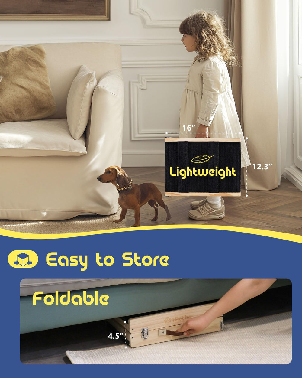ipetba dog ramp compact-storage fits neatly under furniture.