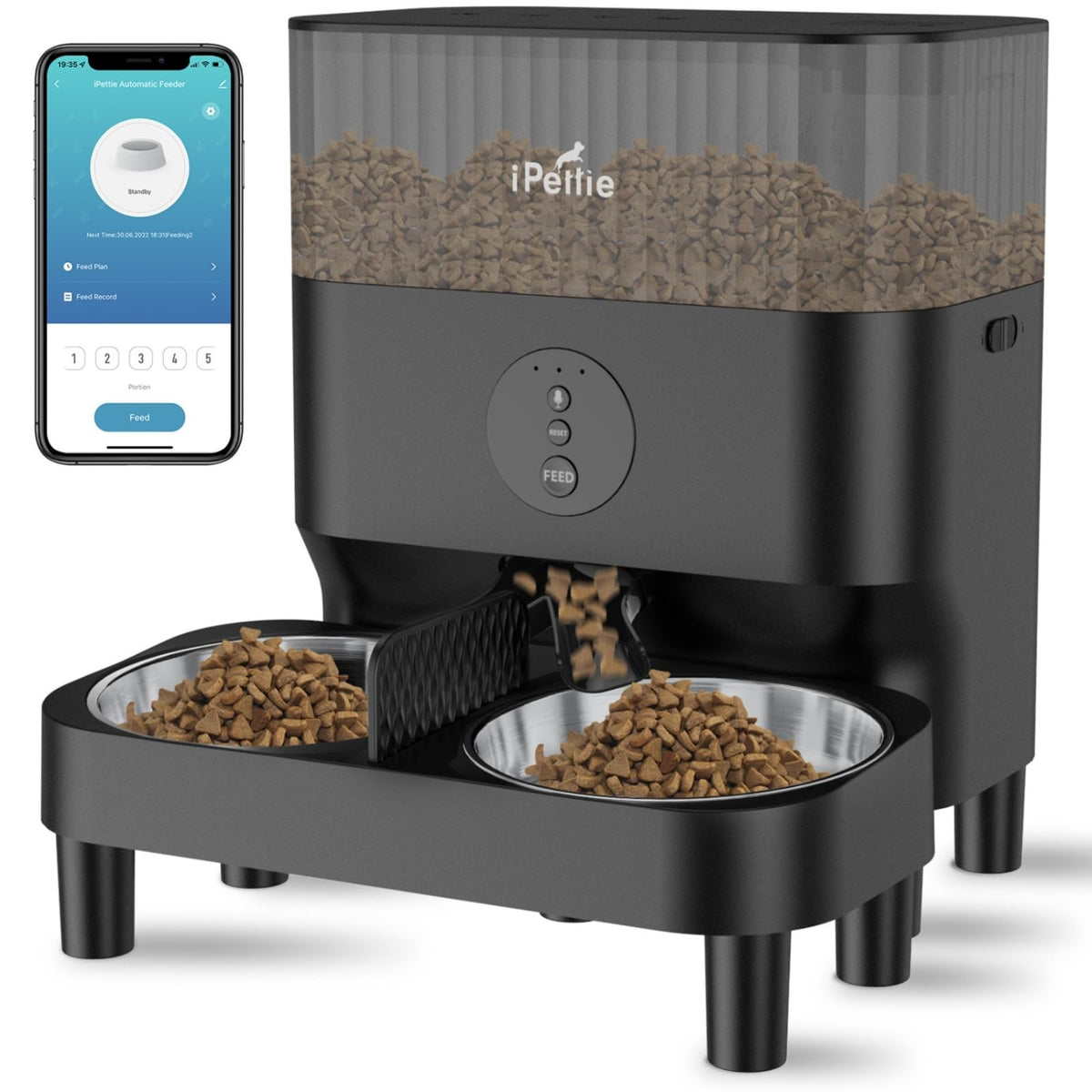 ipettie automatic feeder for two pets with 5L capacity for synchronized meals.