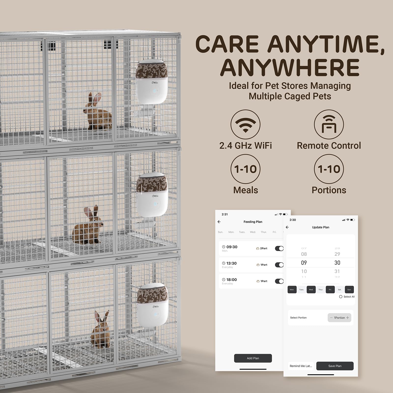 iPettie feeder app control enables remote feeding management.