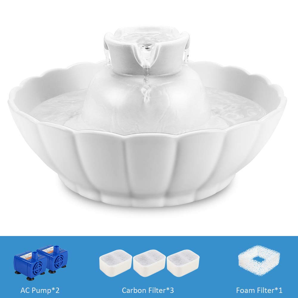 iPettie Tritone ceramic cat water fountain in whisper-quiet operation for home use.