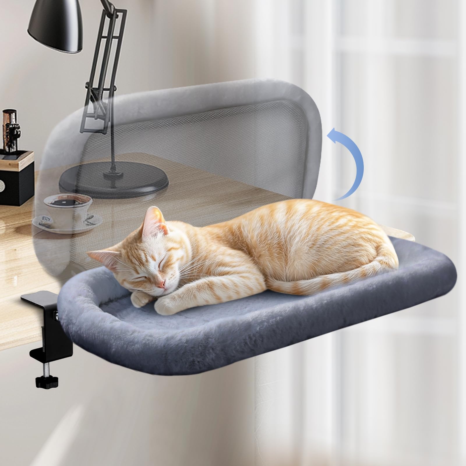 IPOW cat desk bed front view with sturdy frame and plush fur for cozy lounging