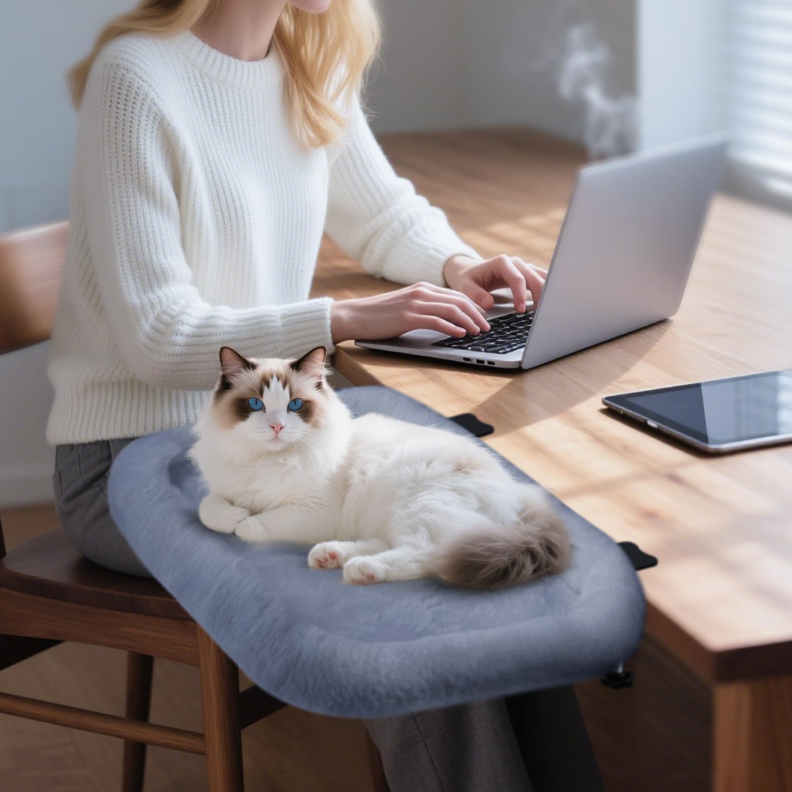 IPOW cat desk bed in-use demonstrates cozy home workspace integration