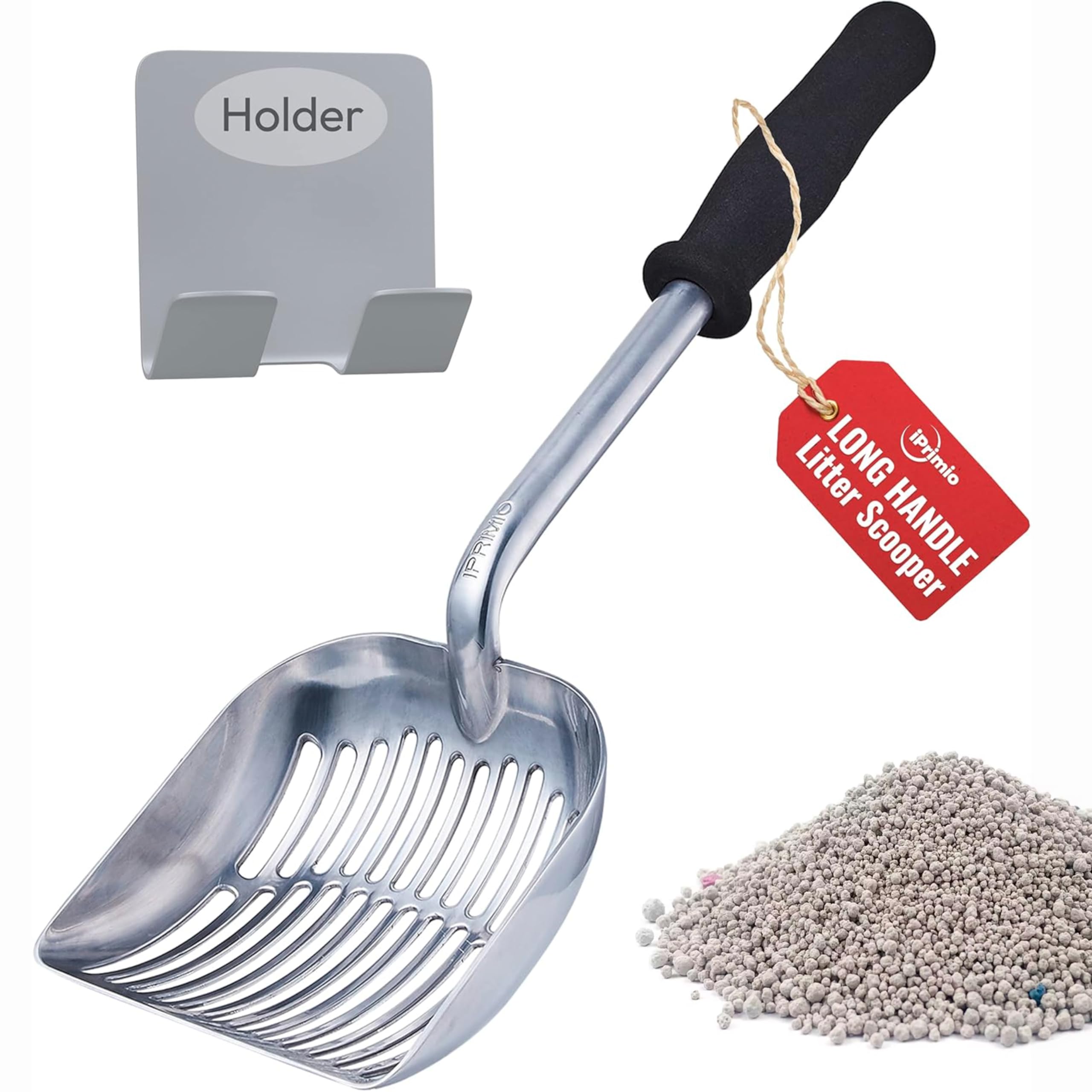 iprimio Monster Metal Cat Litter Scoop with 17-inch handle for extended reach and back relief.