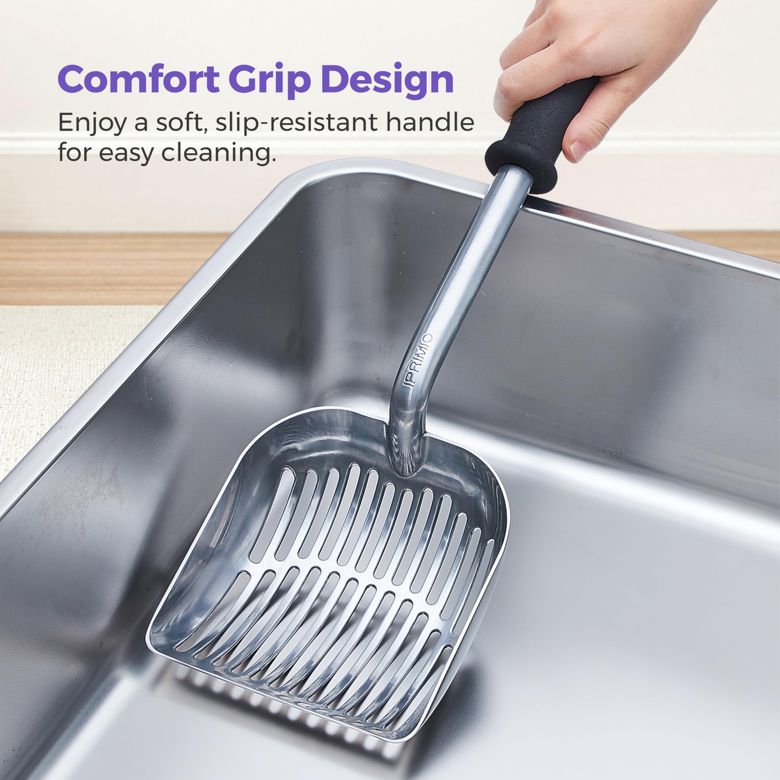 iprimio Monster Metal Cat Litter Scoop with Deep Shovel for quick clump pickup.