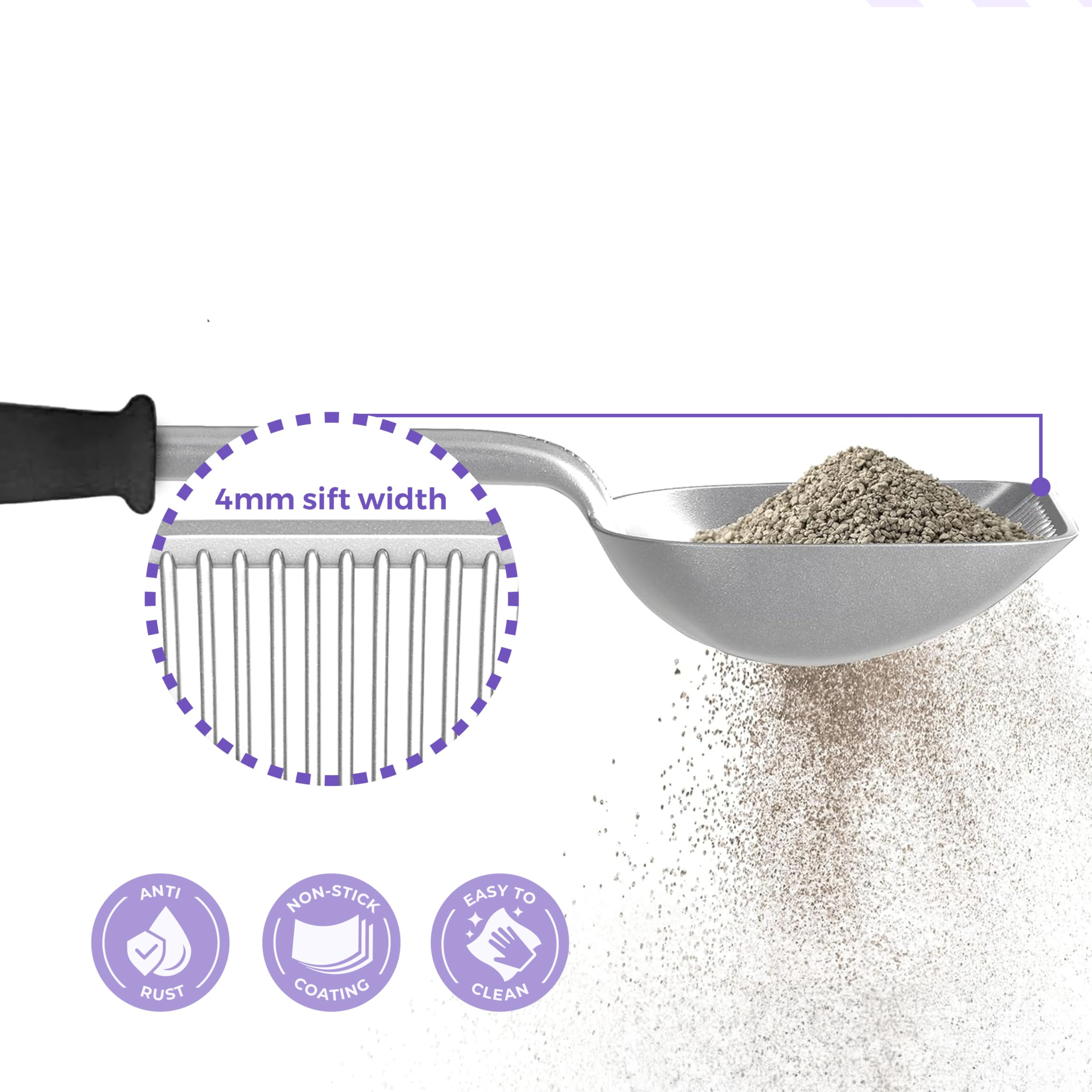 iprimio Monster Metal Cat Litter Scoop includes wall mount hanger for easy storage.