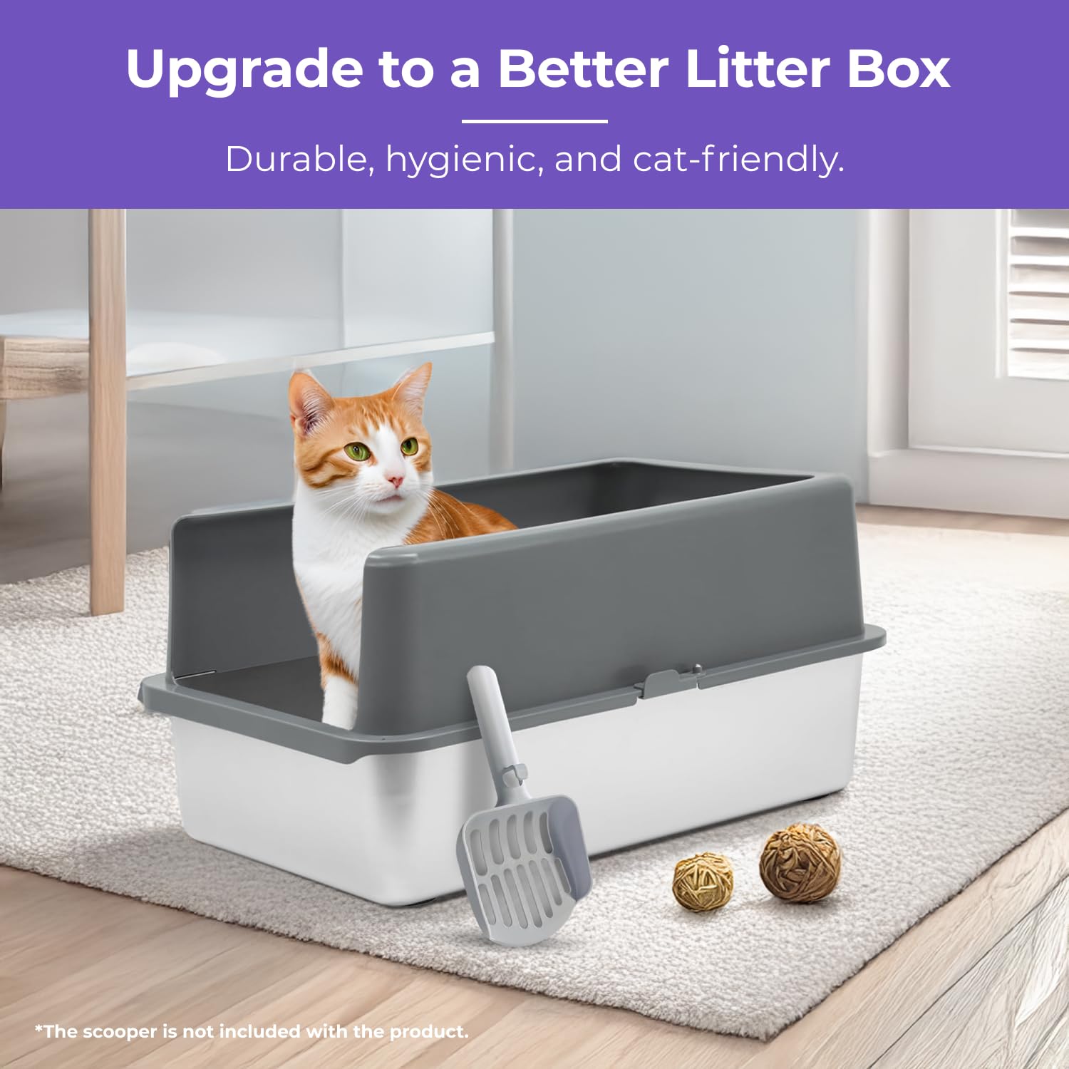 iprimio XL high-sides stainless steel litter box minimizes litter scatter