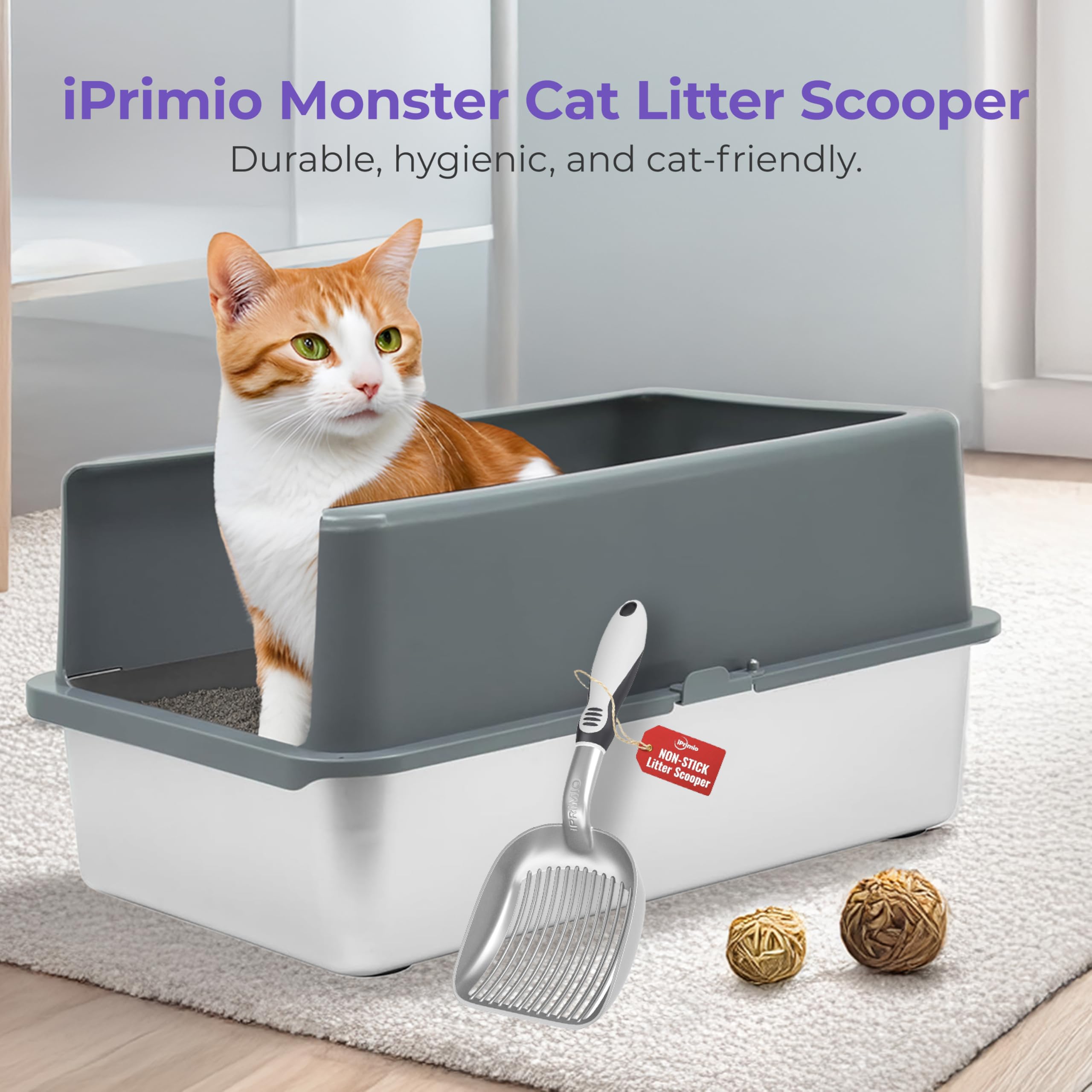 iPrimio patented silver poop scooper with a sturdy solid handle for everyday use.