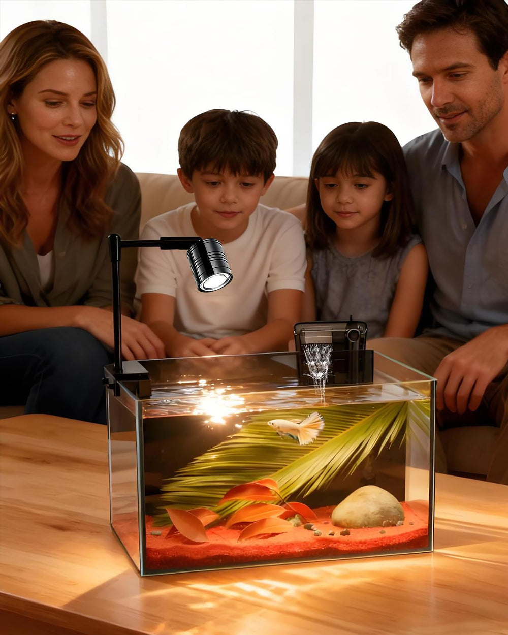 ipriro led light highlights tank decor and fish for day and night viewing.