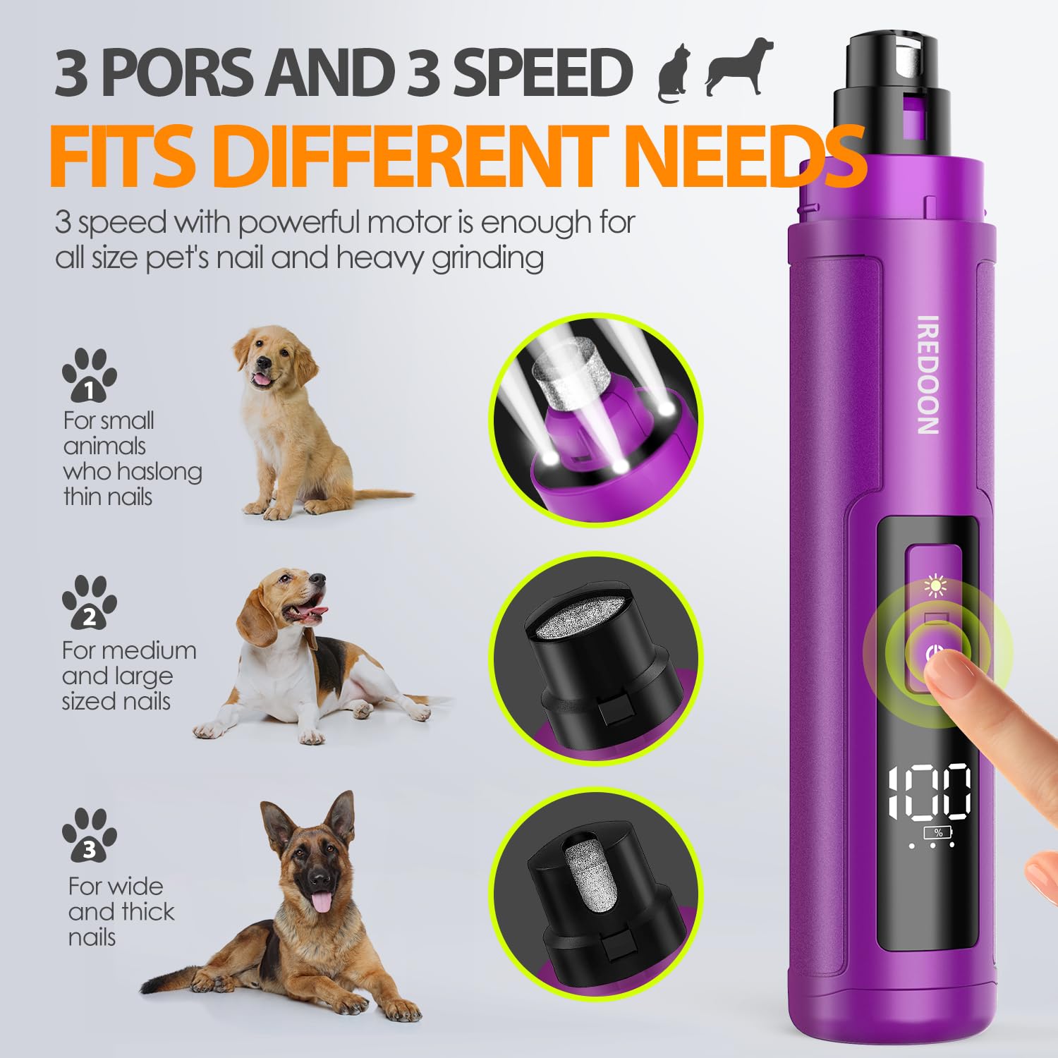 IREDOON nail grinder offers 3 speeds for customizing care across dogs.