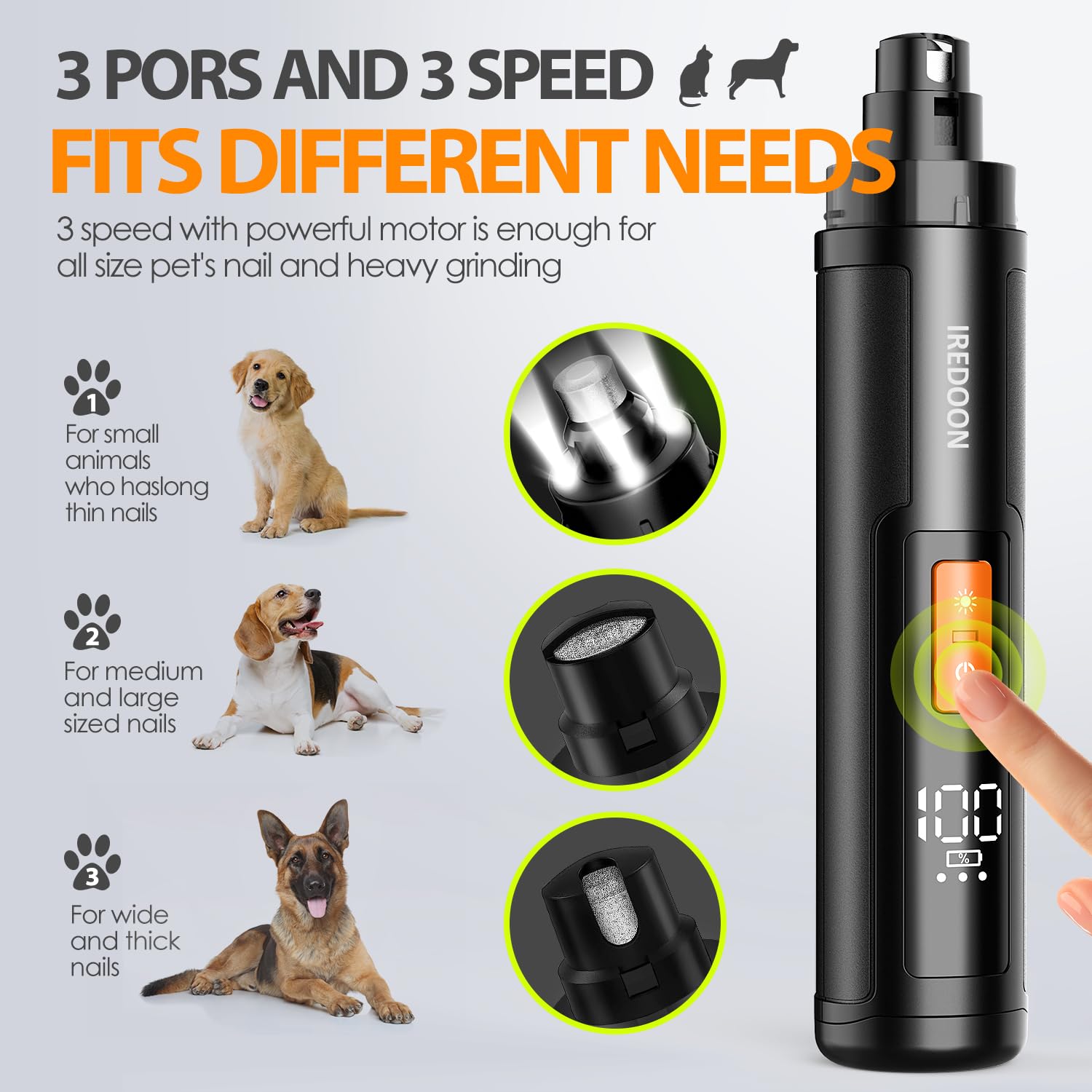 IREDOON dog nail grinder with four top LED lights for safe trimming.