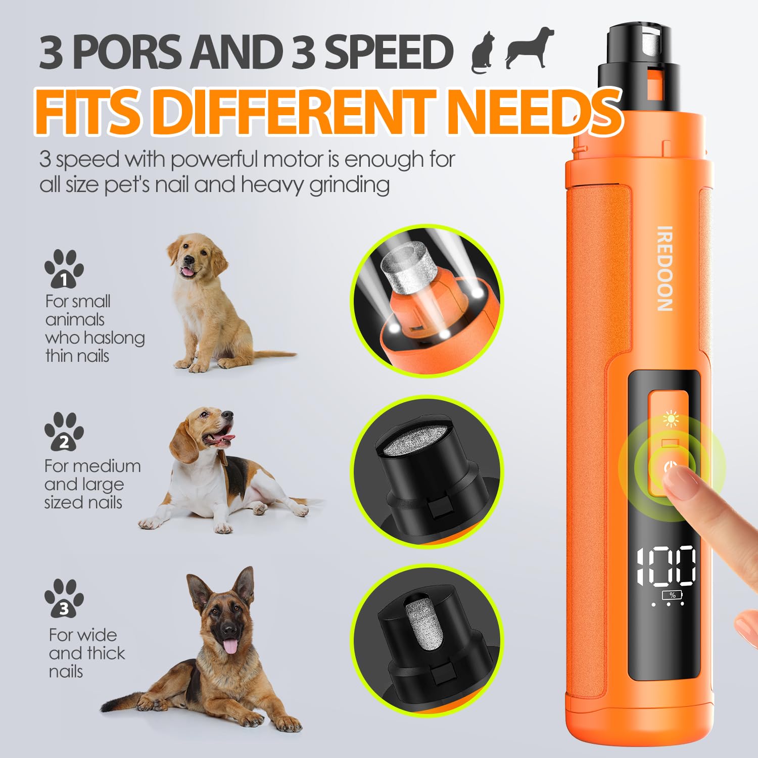 IREDOON dog nail grinder with four LED lights illuminating the nail area
