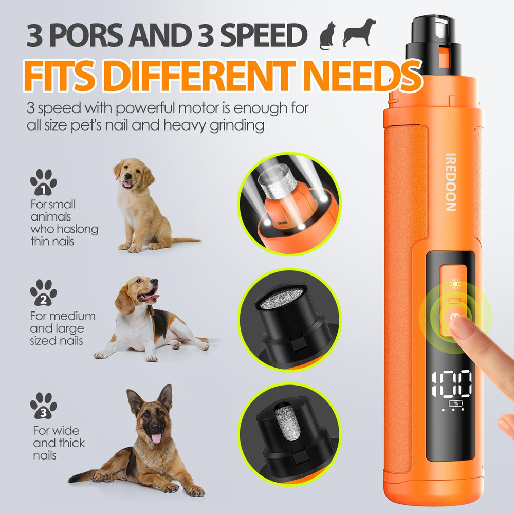 IREDOON dog nail grinder with four LED lights illuminating the nail area