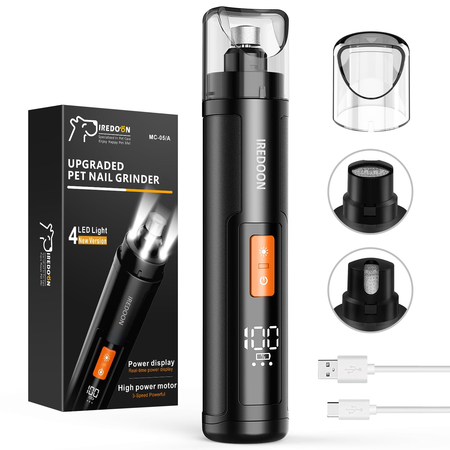 IREDOON dog nail grinder with LED display shows battery level and speed setting.