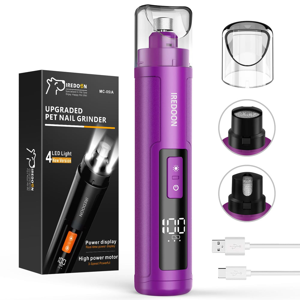IREDOON dog nail grinder with LED display shows battery and speed for safer grooming.