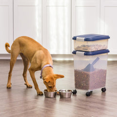 IRIS USA 11 lb container stacked on 30 lb unit for space-saving pet food storage.