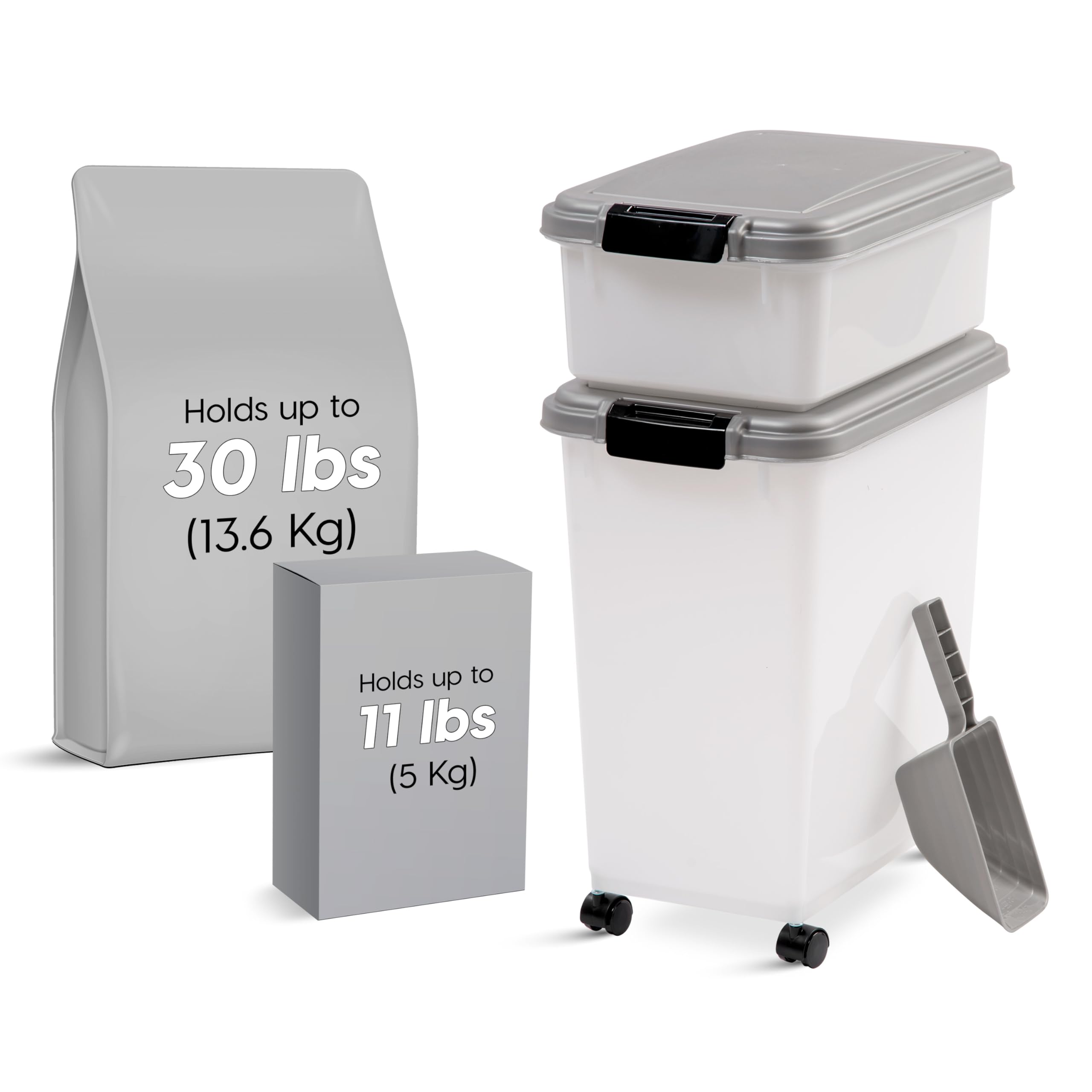 IRIS USA 12 qt container stacked on 33 qt unit for compact storage.
