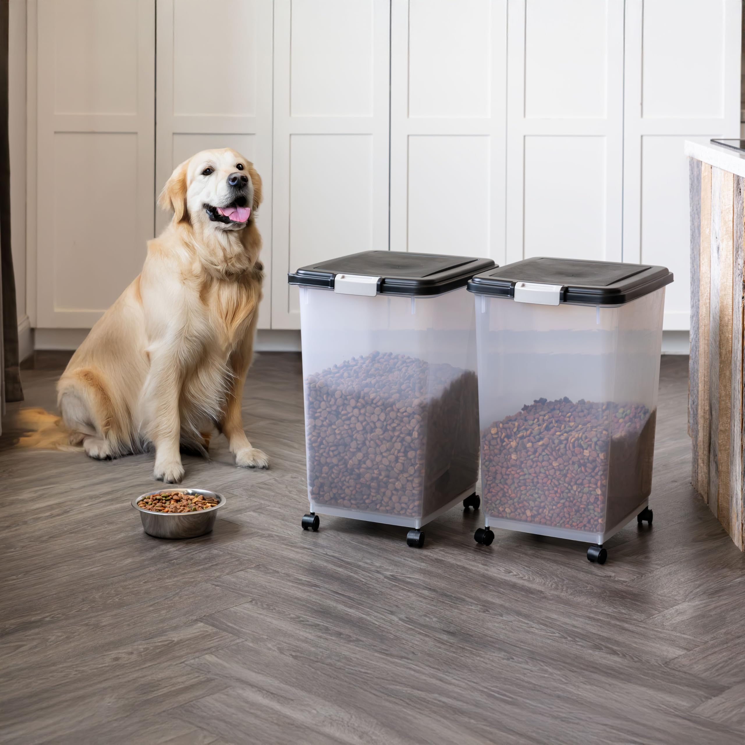 IRIS USA translucent 54-pound capacity helps check food level at a glance.