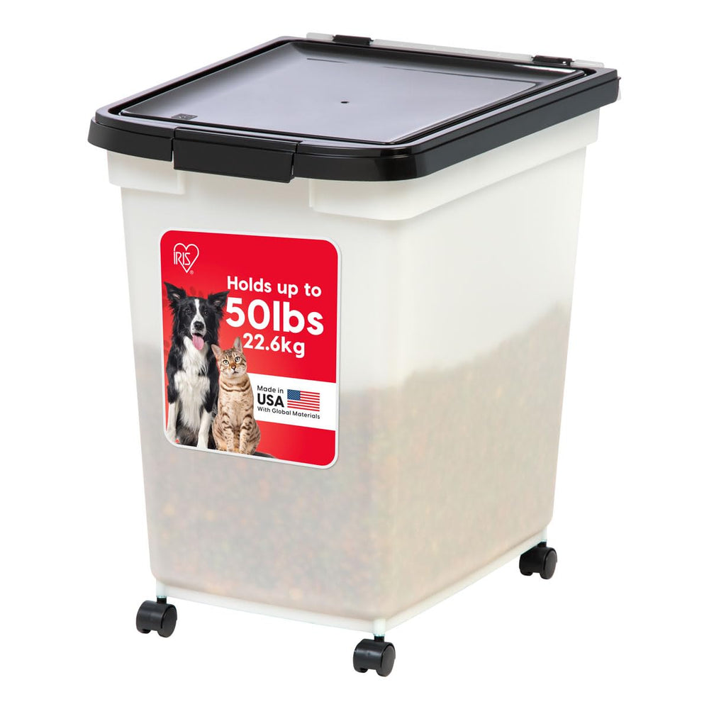 IRIS USA 65-quart dog food container with lid preserves kibble freshness and eases storage.