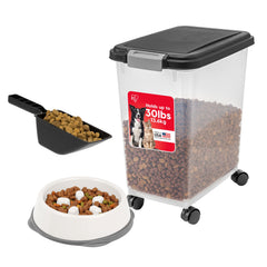 IRIS USA airtight dog food storage container with wheels keeps kibble fresh and easy to move.